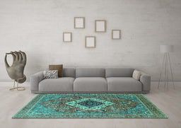Machine Washable Persian Turquoise Traditional Area Rugs in a Living Room,, wshurb2438turq