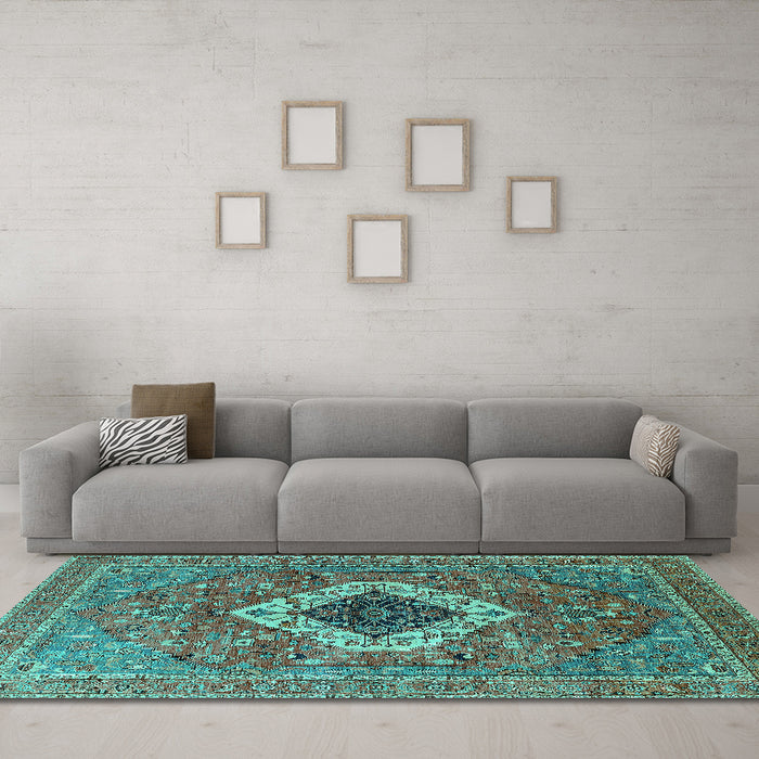 Machine Washable Persian Turquoise Traditional Area Rugs in a Living Room,, wshurb2438turq