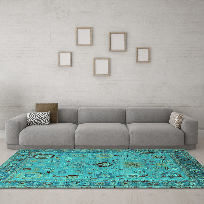 Machine Washable Oriental Turquoise Industrial Area Rugs in a Living Room,, wshurb2439turq