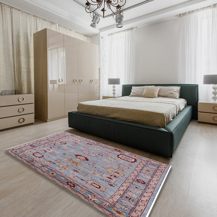 Mid-Century Modern Mauve Taupe Purple Oriental Rug in a Bedroom, urb2440