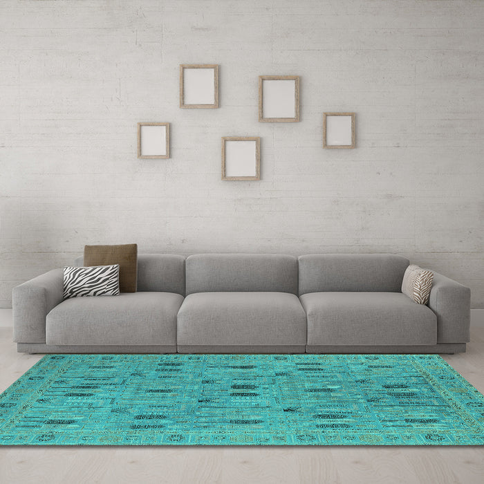 Machine Washable Oriental Turquoise Industrial Area Rugs in a Living Room,, wshurb2447turq