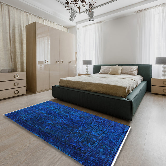 Machine Washable Industrial Modern Denim Dark Blue Rug in a Bedroom, wshurb2448