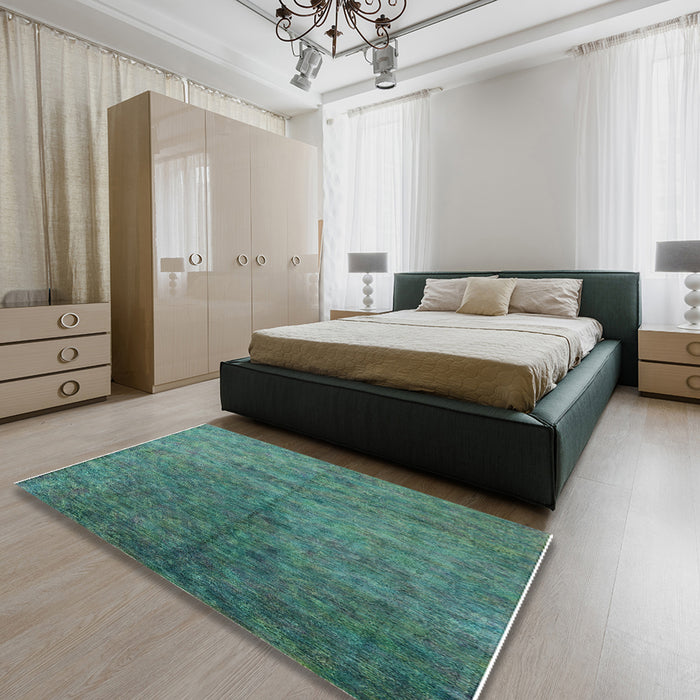 Mid-Century Modern Sea Green Oriental Rug in a Bedroom, urb2451
