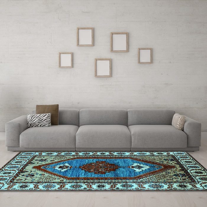 Machine Washable Oriental Light Blue Industrial Rug in a Living Room, wshurb2452lblu
