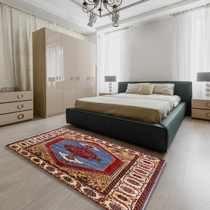 Mid-Century Modern Camel Brown Oriental Rug in a Bedroom, urb2452