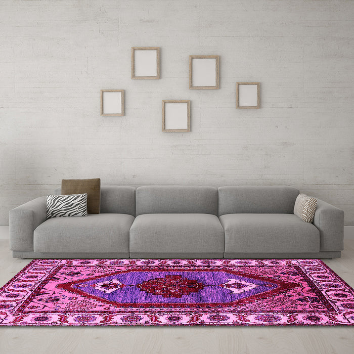 Machine Washable Oriental Pink Industrial Rug in a Living Room, wshurb2452pnk