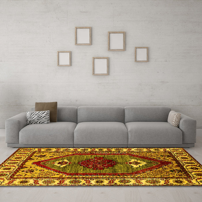 Machine Washable Oriental Yellow Industrial Rug in a Living Room, wshurb2452yw