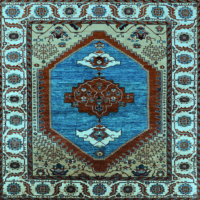 Square Machine Washable Oriental Light Blue Industrial Rug, wshurb2452lblu