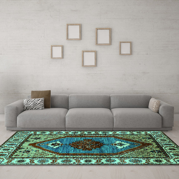 Machine Washable Oriental Turquoise Industrial Area Rugs in a Living Room,, wshurb2452turq
