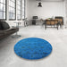 Round Mid-Century Modern Deep Sky Blue Oriental Rug in a Office, urb2453