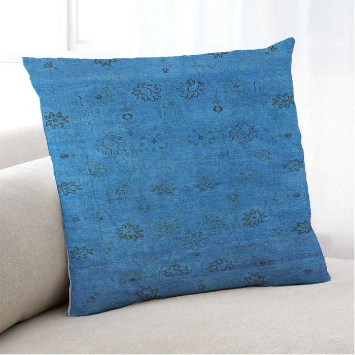 Lifestyle Image of Mid-Century Modern Urban Square Deep Sky Blue Throw Pillow, 18 inch by 18 inch, pwurb2453
