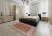 Mid-Century Modern Khaki Rose Pink Oriental Rug in a Bedroom, urb2454