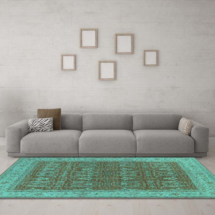 Machine Washable Oriental Turquoise Industrial Area Rugs in a Living Room,, wshurb2454turq