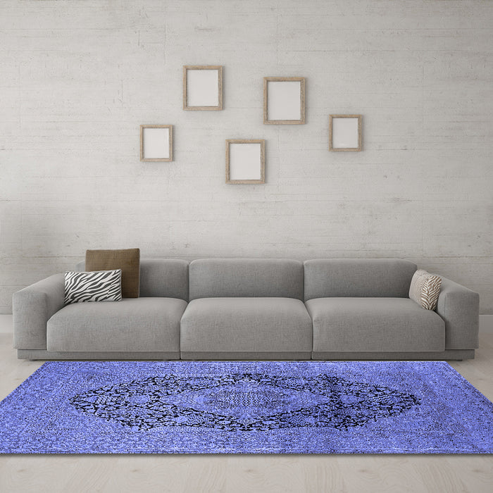 Machine Washable Oriental Blue Industrial Rug in a Living Room, wshurb2460blu
