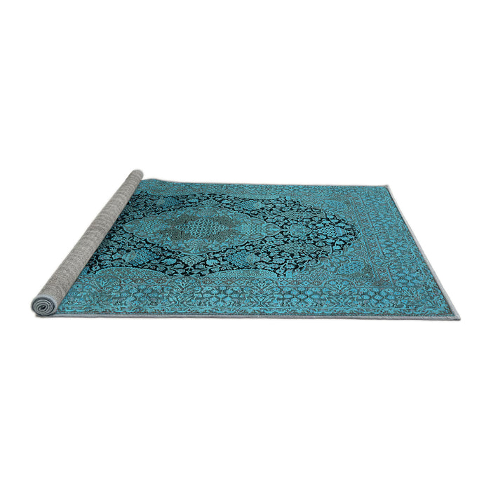 Sideview of Machine Washable Oriental Light Blue Industrial Rug, wshurb2460lblu
