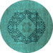 Round Machine Washable Oriental Turquoise Industrial Area Rugs, wshurb2460turq