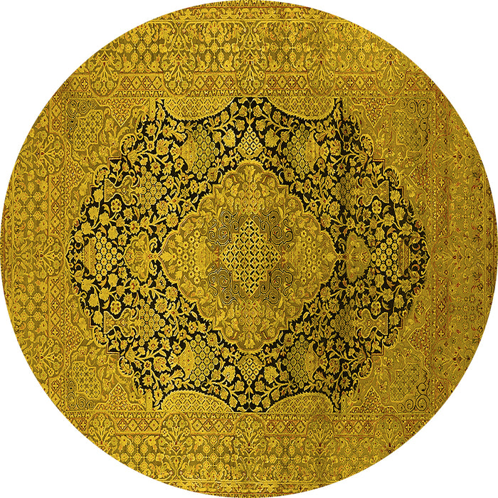Round Machine Washable Oriental Yellow Industrial Rug, wshurb2460yw