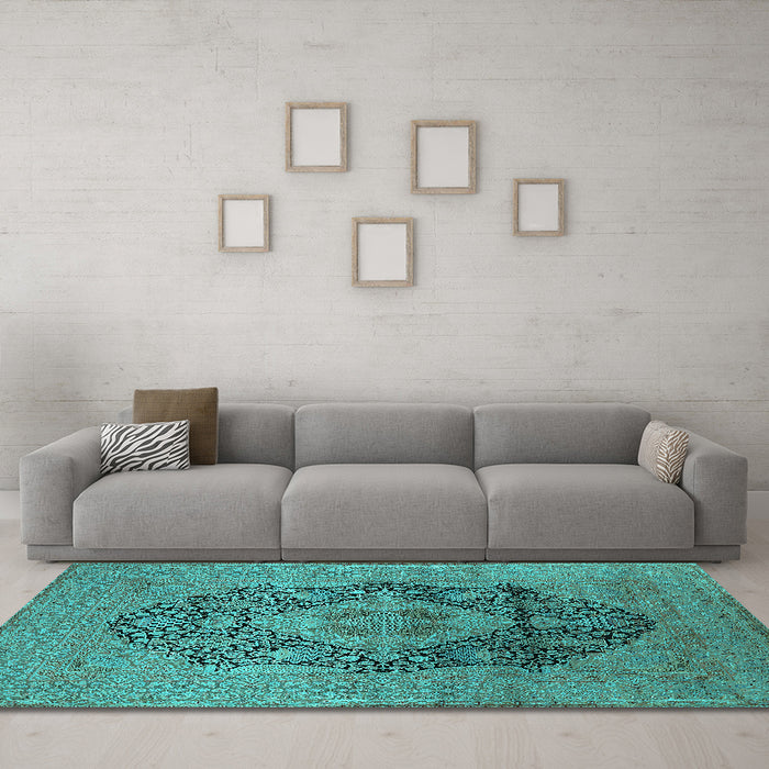Machine Washable Oriental Turquoise Industrial Area Rugs in a Living Room,, wshurb2460turq