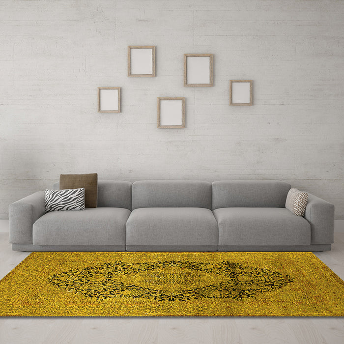 Machine Washable Oriental Yellow Industrial Rug in a Living Room, wshurb2460yw