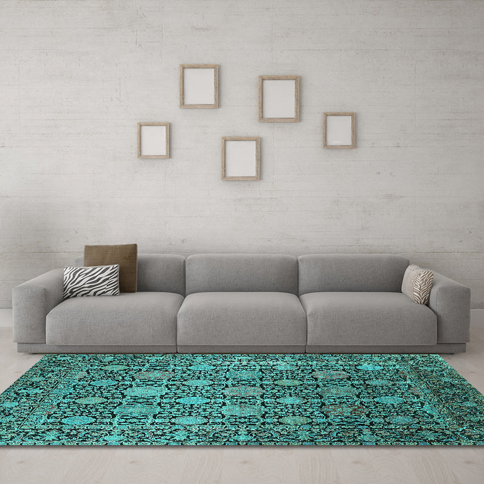 Machine Washable Oriental Turquoise Industrial Area Rugs in a Living Room,, wshurb2461turq