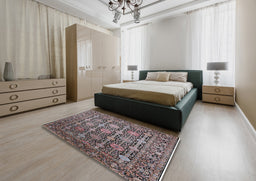 Mid-Century Modern Burgundy Brown Oriental Rug in a Bedroom, urb2461