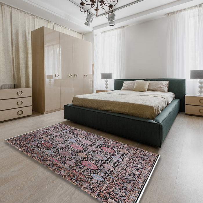Mid-Century Modern Burgundy Brown Oriental Rug in a Bedroom, urb2461