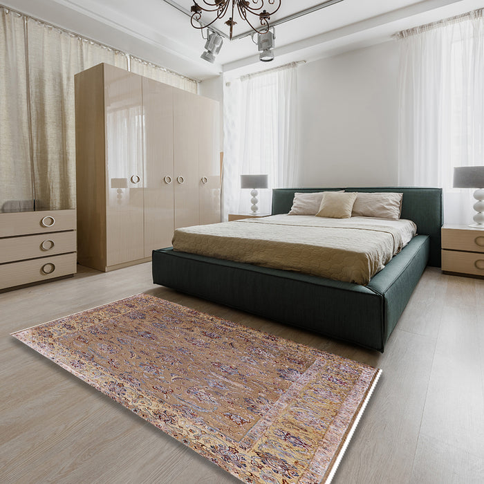 Mid-Century Modern Chestnut Brown Oriental Rug in a Bedroom, urb2462