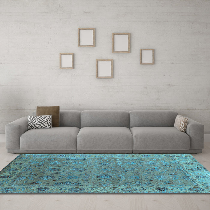 Machine Washable Oriental Light Blue Industrial Rug in a Living Room, wshurb2462lblu