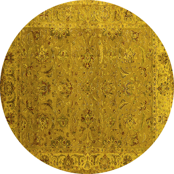 Round Machine Washable Oriental Yellow Industrial Rug, wshurb2462yw