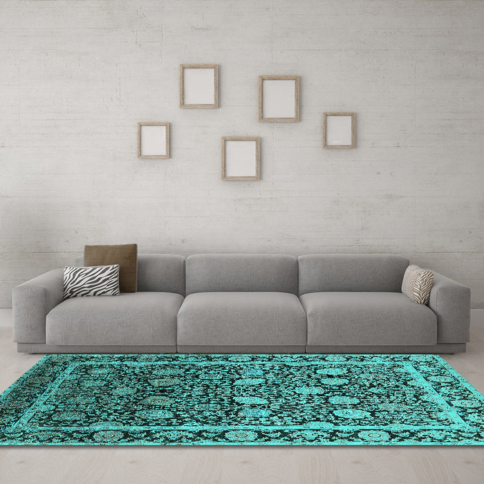 Machine Washable Oriental Turquoise Industrial Area Rugs in a Living Room,, wshurb2463turq