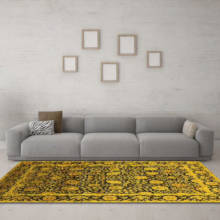 Machine Washable Oriental Yellow Industrial Rug in a Living Room, wshurb2463yw