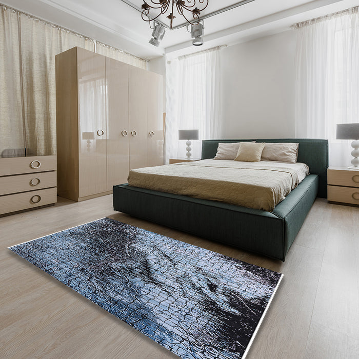 Mid-Century Modern Jeans Blue Oriental Rug in a Bedroom, urb2467