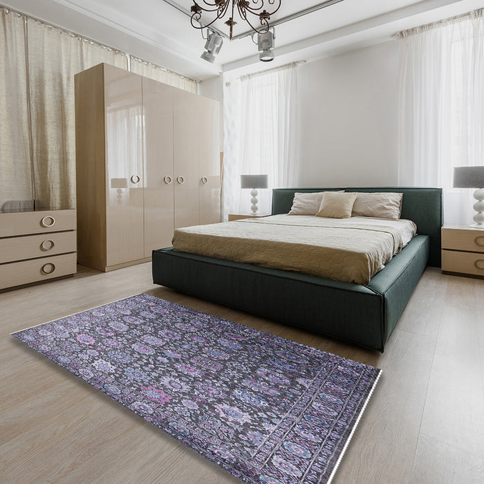 Mid-Century Modern Plum Purple Oriental Rug in a Bedroom, urb2470