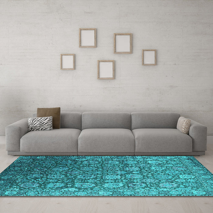 Machine Washable Oriental Turquoise Industrial Area Rugs in a Living Room,, wshurb2470turq