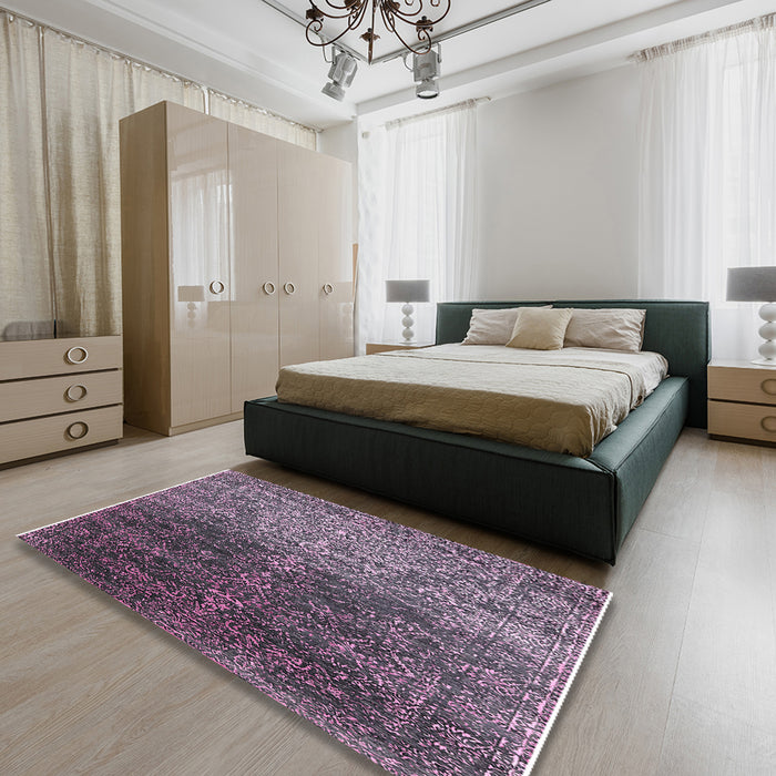 Mid-Century Modern Plum Purple Oriental Rug in a Bedroom, urb2472