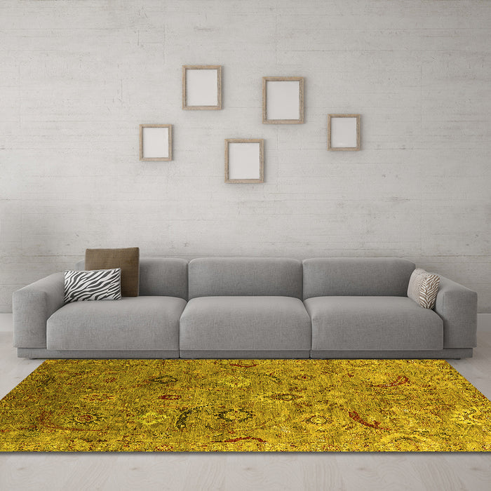 Machine Washable Oriental Yellow Industrial Rug in a Living Room, wshurb2473yw