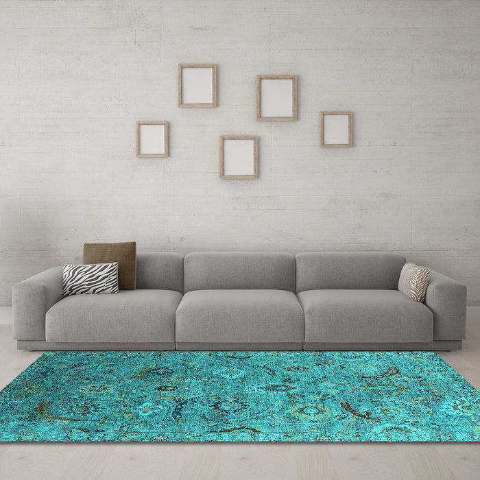 Machine Washable Oriental Turquoise Industrial Area Rugs in a Living Room,, wshurb2473turq