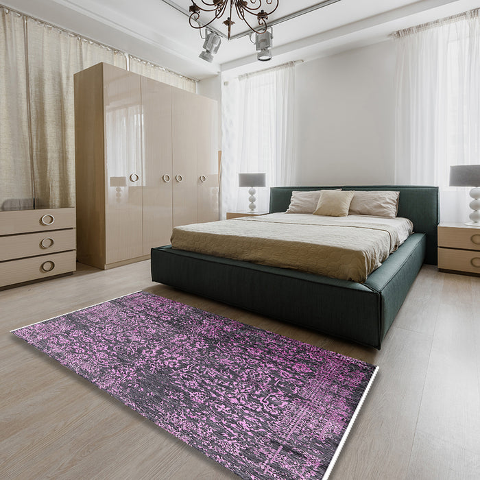Mid-Century Modern Plum Purple Oriental Rug in a Bedroom, urb2477