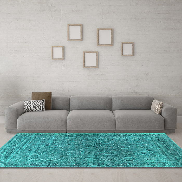 Machine Washable Oriental Turquoise Industrial Area Rugs in a Living Room,, wshurb2478turq