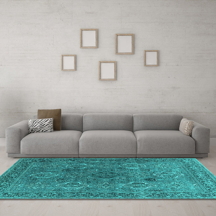 Machine Washable Oriental Turquoise Industrial Area Rugs in a Living Room,, wshurb2479turq