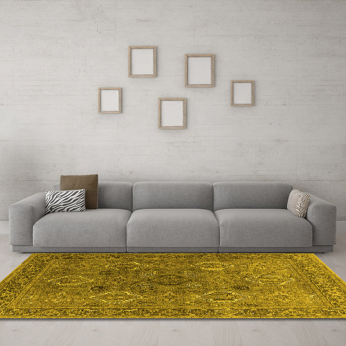 Machine Washable Oriental Yellow Industrial Rug in a Living Room, wshurb2479yw