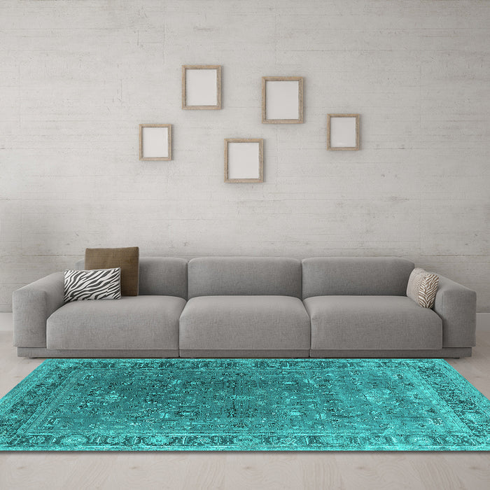 Machine Washable Oriental Turquoise Industrial Area Rugs in a Living Room,, wshurb2480turq