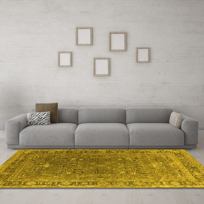 Machine Washable Oriental Yellow Industrial Rug in a Living Room, wshurb2480yw