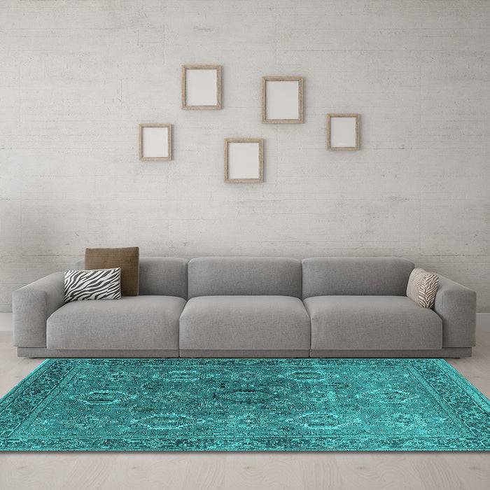 Machine Washable Oriental Turquoise Industrial Area Rugs in a Living Room,, wshurb2481turq