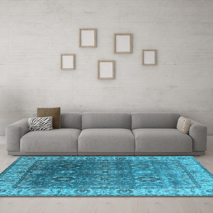 Machine Washable Oriental Light Blue Industrial Rug in a Living Room, wshurb2482lblu