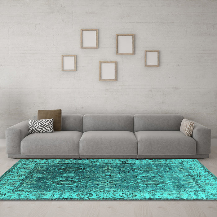 Machine Washable Oriental Turquoise Industrial Area Rugs in a Living Room,, wshurb2482turq
