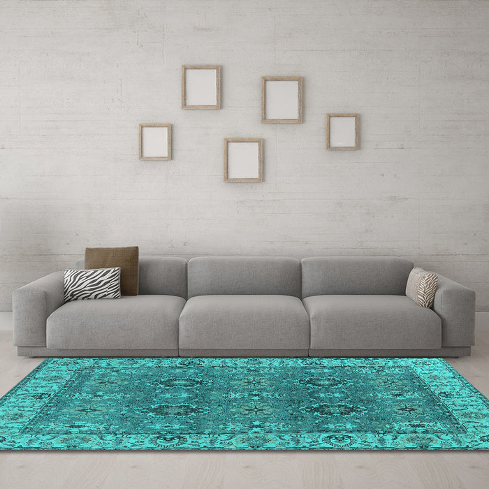Machine Washable Oriental Turquoise Industrial Area Rugs in a Living Room,, wshurb2483turq