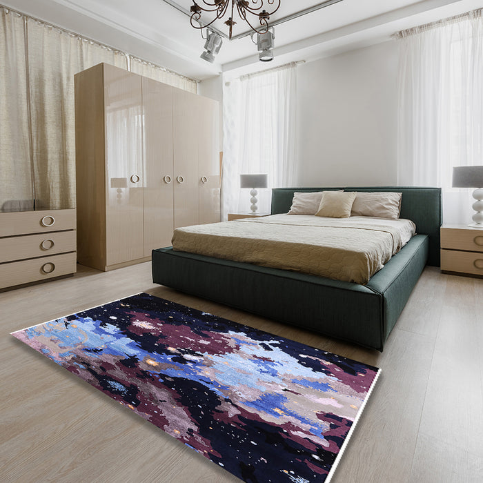 Mid-Century Modern Deep Purple Oriental Rug in a Bedroom, urb2485