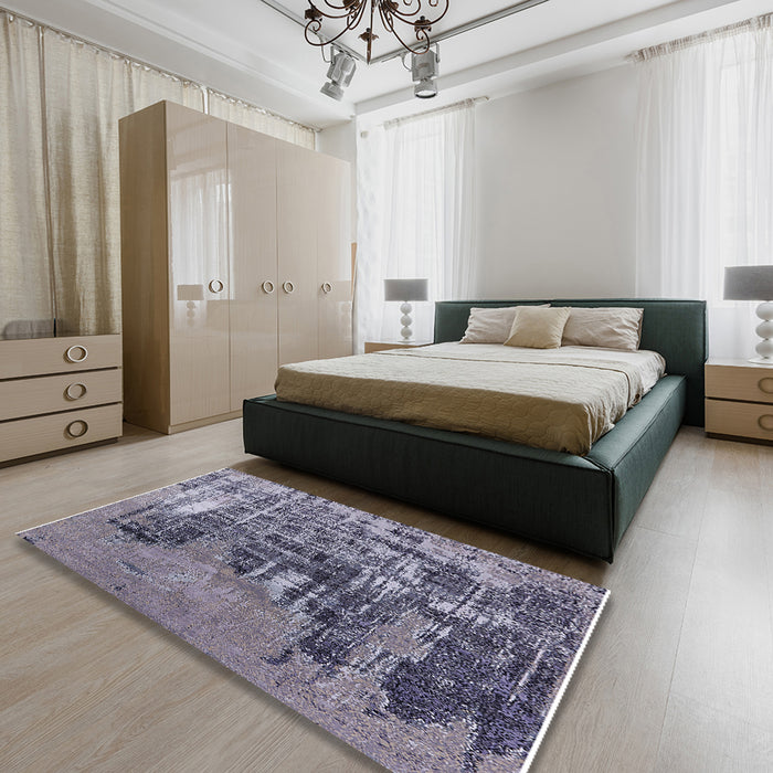 Mid-Century Modern Purple Navy Blue Oriental Rug in a Bedroom, urb2489