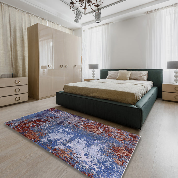 Mid-Century Modern Plum Purple Oriental Rug in a Bedroom, urb2495